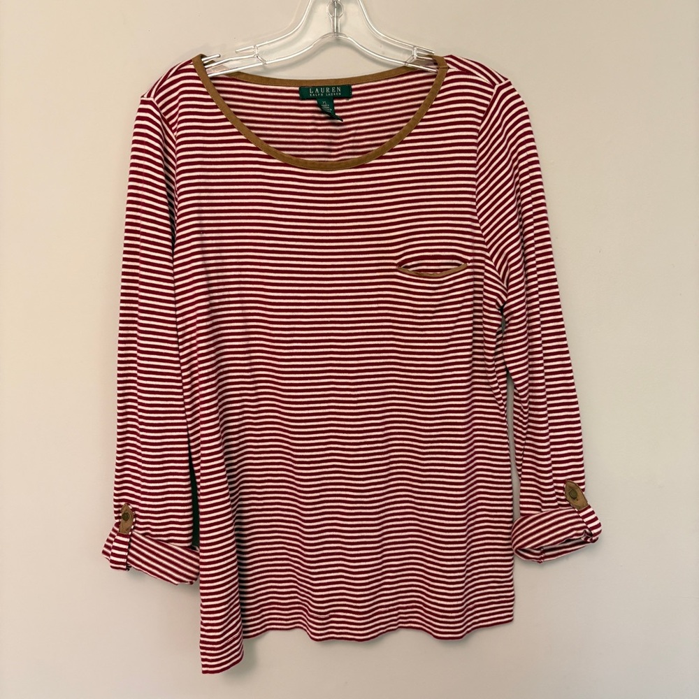 Lauren Ralph Lauren Women's Striped Knit Sz XL 3/4 Sleeve Top Pocket Red White